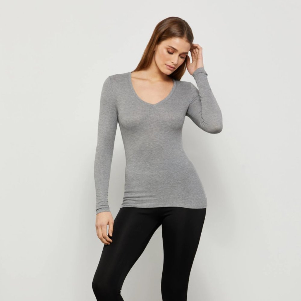 BCBGMaxazaria V-Neck Long Sleeve Top (Grey)